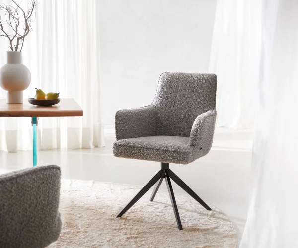 Chaise-pivotante Heira-Flex avec accoudoirs bouclé gris argenté pied croisé large noir pivotement sur 360° ressorts ensachés