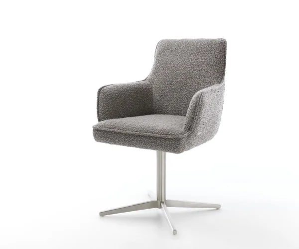 Chaise-pivotante Heira-Flex avec accoudoirs bouclé gris argenté pied de chaise 4 branches acier inoxydable brossé pivotement sur 360° ressorts ensachés