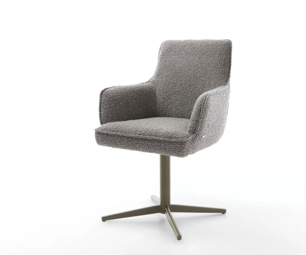 Chaise-pivotante Heira-Flex avec accoudoirs bouclé gris argenté pied de chaise 4 branches aspect titane pivotement sur 360° ressorts ensachés