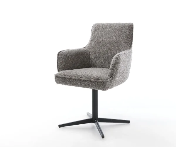 Chaise-pivotante Heira-Flex avec accoudoirs bouclé gris argenté pied de chaise 4 branches noir pivotement sur 360° ressorts ensachés