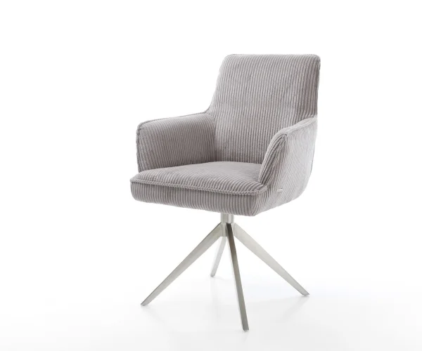 Chaise-pivotante Heira-Flex avec accoudoirs côtelé gris argenté pied croisé large acier inoxydable brossé pivotement sur 360° fonction bascule ressorts ensachés