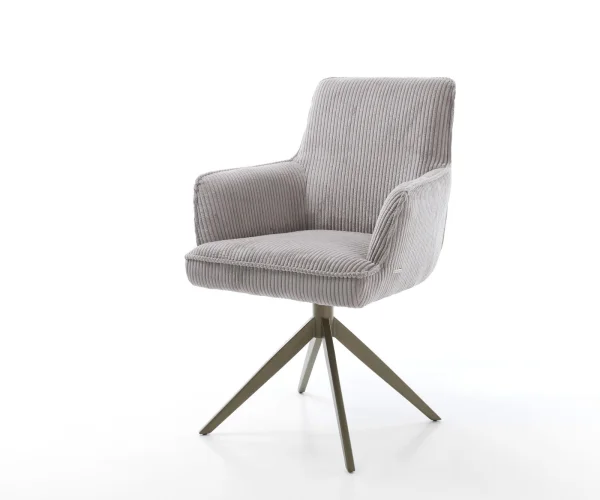 Chaise-pivotante Heira-Flex avec accoudoirs côtelé gris argenté pied croisé large aspect titane pivotement sur 360° fonction bascule ressorts ensachés