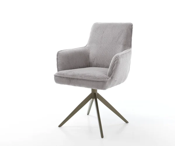 Chaise-pivotante Heira-Flex avec accoudoirs côtelé gris argenté pied croisé large aspect titane pivotement sur 360° ressorts ensachés