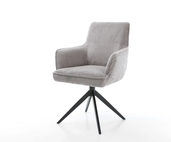 Chaise-pivotante Heira-Flex avec accoudoirs côtelé gris argenté pied croisé large noir pivotement sur 360° fonction bascule ressorts ensachés