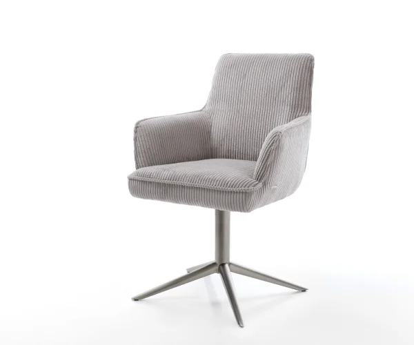 Chaise-pivotante Heira-Flex avec accoudoirs côtelé gris argenté pied de chaise 4 branches grafiete pivotement sur 360° fonction bascule ressorts ensachés