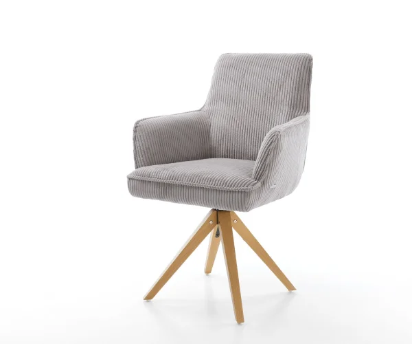 Chaise-pivotante Heira-Flex avec accoudoirs côtelé gris argenté pied en bois angulaire naturel pivotement sur 180° ressorts ensachés