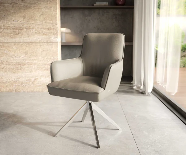 Chaise-pivotante Heira-Flex avec accoudoirs cuir de vache couleur boue pied croisé large acier inoxydable brossé pivotement sur 360° ressorts ensachés