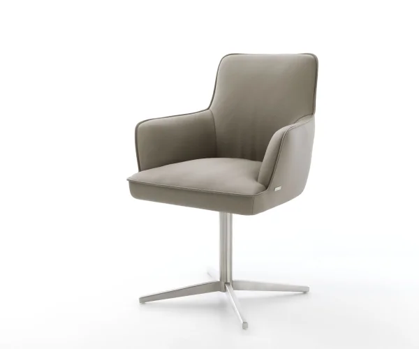 Chaise-pivotante Heira-Flex avec accoudoirs cuir de vache couleur boue pied de chaise 4 branches acier inoxydable brossé pivotement sur 360° ressorts ensachés