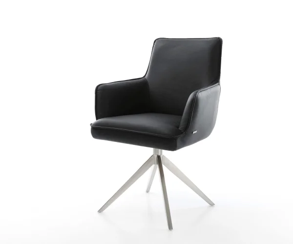 Chaise-pivotante Heira-Flex avec accoudoirs cuir de vache noir pied croisé large acier inoxydable brossé pivotement sur 360° fonction bascule ressorts ensachés