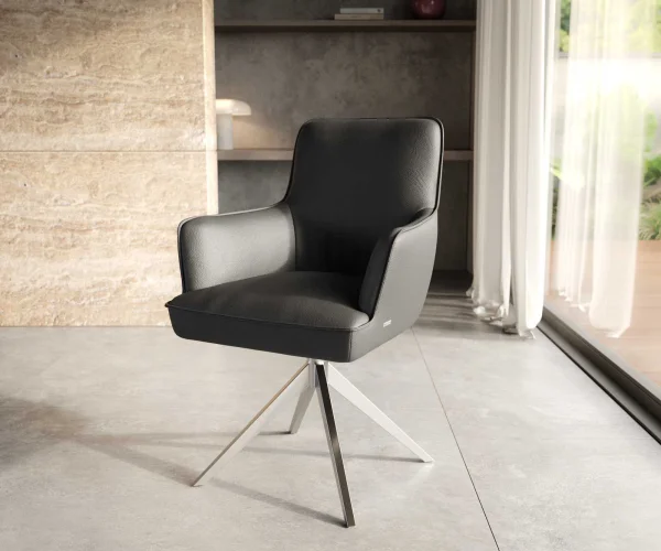 Chaise-pivotante Heira-Flex avec accoudoirs cuir de vache noir pied croisé large acier inoxydable brossé pivotement sur 360° ressorts ensachés