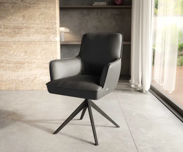 Chaise-pivotante Heira-Flex avec accoudoirs cuir de vache noir pied croisé large noir pivotement sur 360° ressorts ensachés