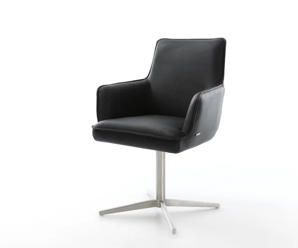 Chaise-pivotante Heira-Flex avec accoudoirs cuir de vache noir pied de chaise 4 branches acier inoxydable brossé pivotement sur 360° ressorts ensachés