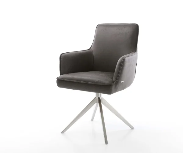 Chaise-pivotante Heira-Flex avec accoudoirs microvelours anthracite vintage pied croisé large acier inoxydable brossé pivotement sur 360° fonction bascule ressorts ensachés