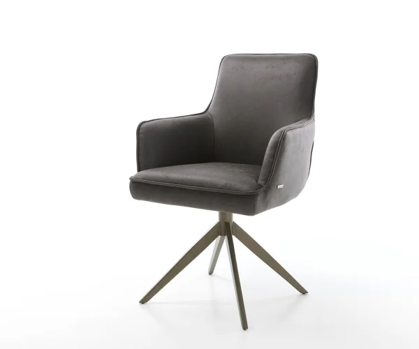 Chaise-pivotante Heira-Flex avec accoudoirs microvelours anthracite vintage pied croisé large aspect titane pivotement sur 360° ressorts ensachés