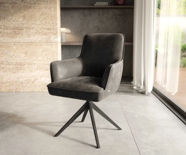 Chaise-pivotante Heira-Flex avec accoudoirs microvelours anthracite vintage pied croisé large noir pivotement sur 360° ressorts ensachés