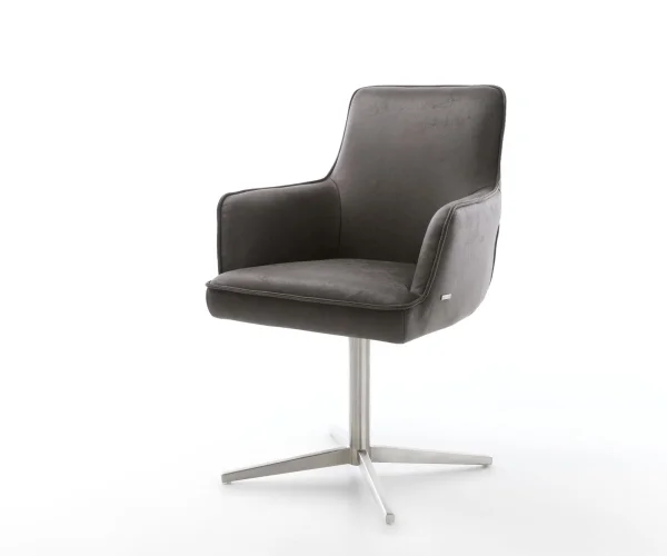 Chaise-pivotante Heira-Flex avec accoudoirs microvelours anthracite vintage pied de chaise 4 branches acier inoxydable brossé pivotement sur 360° ressorts ensachés
