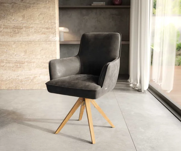 Chaise-pivotante Heira-Flex avec accoudoirs microvelours anthracite vintage pied en bois angulaire naturel pivotement sur 180° ressorts ensachés