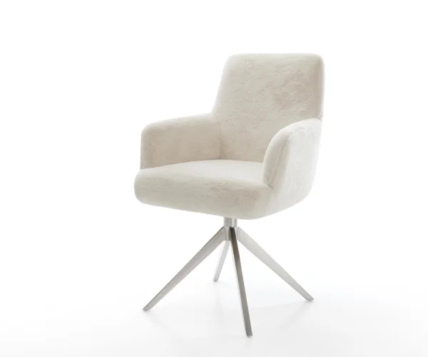 Chaise-pivotante Heira-Flex avec accoudoirs peluche crème-blanc pied croisé large acier inoxydable pivotement sur 360° fonction bascule resorts ensachés