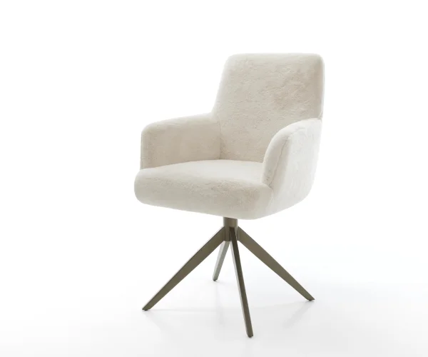 Chaise-pivotante Heira-Flex avec accoudoirs peluche crème-blanc pied croisé large aspect titane pivotement sur 360° fonction bascule resorts ensachés