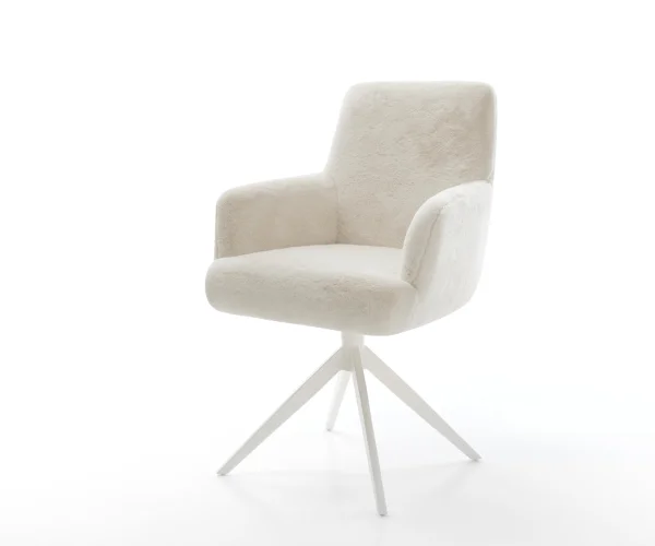 Chaise-pivotante Heira-Flex avec accoudoirs peluche crème-blanc pied croisé large blanc pivotement sur 360° fonction bascule resorts ensachés