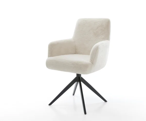 Chaise-pivotante Heira-Flex avec accoudoirs peluche crème-blanc pied croisé large noir pivotement sur 360° fonction bascule resorts ensachés