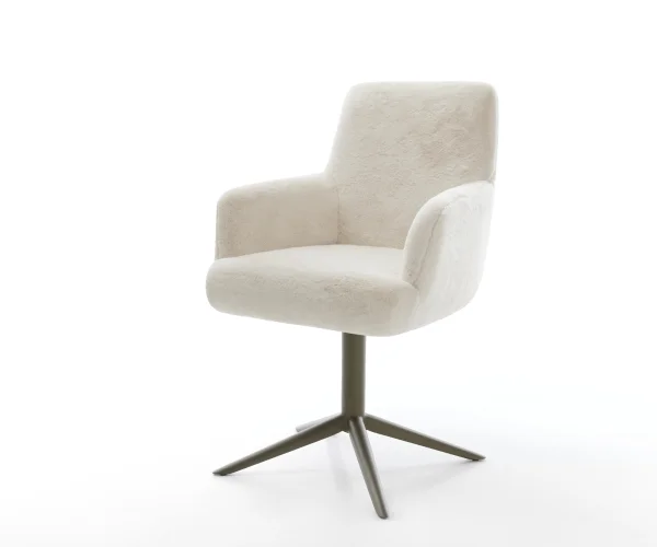 Chaise-pivotante Heira-Flex avec accoudoirs peluche crème-blanc pied de chaise 4 branches aspect titane pivotement sur 360° fonction bascule resorts ensachés