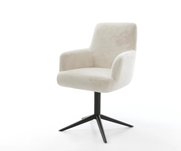 Chaise-pivotante Heira-Flex avec accoudoirs peluche crème-blanc pied de chaise 4 branches noir pivotement sur 360° fonction bascule ressorts ensachés
