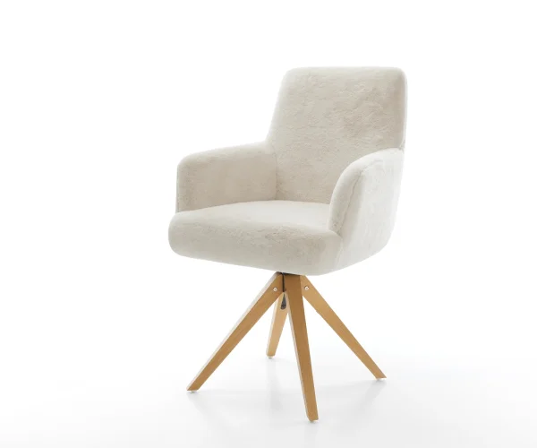 Chaise-pivotante Heira-Flex avec accoudoirs peluche crème-blanc pied en bois angulaire naturel pivotement sur 180° resorts ensachés