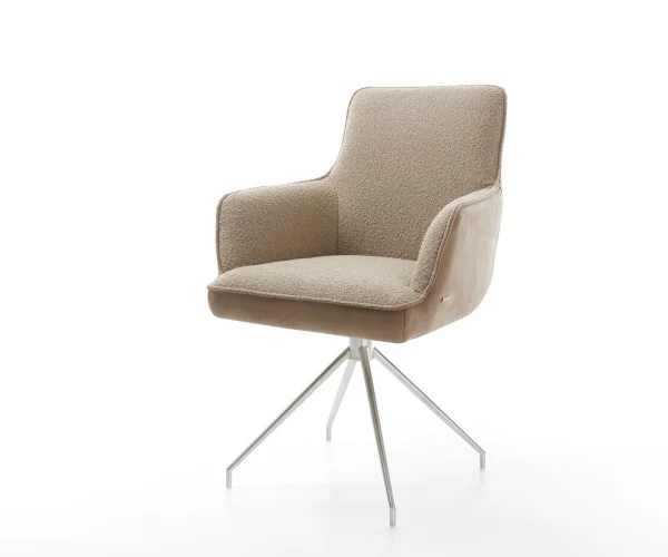 Chaise-pivotante Heira-Flex avec accoudoirs tissu mixte couleur boue pied croisé conique acier inoxydable ressorts ensachés pivote sur 180°