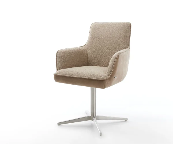 Chaise-pivotante Heira-Flex avec accoudoirs tissu mixte couleur boue pied de chaise 4 branches acier inoxydable brossé pivotement sur 360° ressorts ensachés