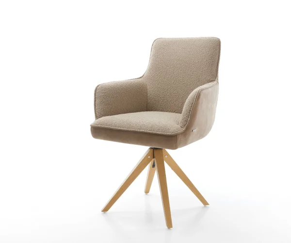 Chaise-pivotante Heira-Flex avec accoudoirs tissu mixte couleur boue pied en bois angulaire naturel ressorts ensachés pivote sur 180°