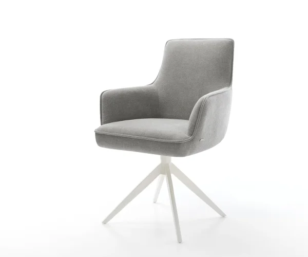 Chaise-pivotante Heira-Flex avec accoudoirs tissu structuré doux gris pied croisé large blanc pivotement sur 360° fonction bascule resorts ensachés