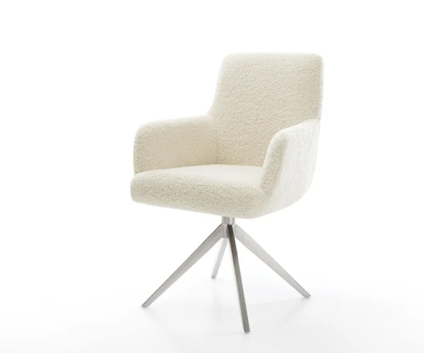Chaise-pivotante Heira-Flex avec accoudoirs tissu teddy beige pied croisé large acier inoxydable pivotement sur 360° fonction bascule resorts ensachés