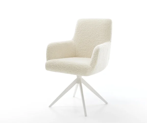 Chaise-pivotante Heira-Flex avec accoudoirs tissu teddy beige pied croisé large blanc pivotement sur 360° fonction bascule resorts ensachés