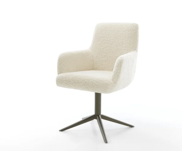 Chaise-pivotante Heira-Flex avec accoudoirs tissu teddy beige pied de chaise 4 branches aspect titane pivotement sur 360° fonction bascule resorts ensachés