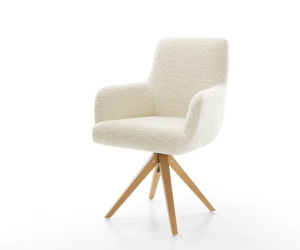 Chaise-pivotante Heira-Flex avec accoudoirs tissu teddy beige pied en bois angulaire naturel pivotement sur 180° resorts ensachés