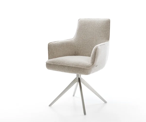 Chaise-pivotante Heira-Flex avec accoudoirs tissu tissé doux beige pied croisé large acier inoxydable pivotement sur 360° fonction bascule resorts ensachés