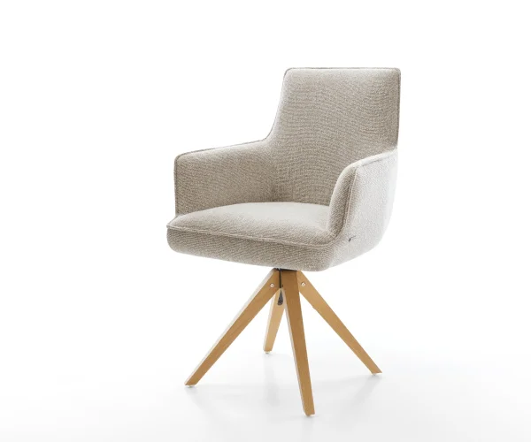 Chaise-pivotante Heira-Flex avec accoudoirs tissu tissé doux beige pied en bois angulaire naturel pivotement sur 180° resorts ensachés