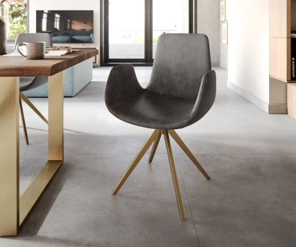 Chaise-pivotante Ilia-Flex avec accoudoirs microvelours anthracite vintage pied croisé angulaire or pivotement sur 180°
