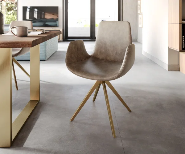 Chaise-pivotante Ilia-Flex avec accoudoirs microvelours taupe vintage pied croisé angulaire or pivotement sur 180°