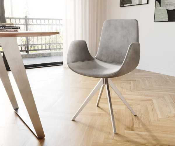 Chaise-pivotante Ilia-Flex avec accoudoirs velours gris cadre croisé angulaire acier inoxydable pivote sur 180°