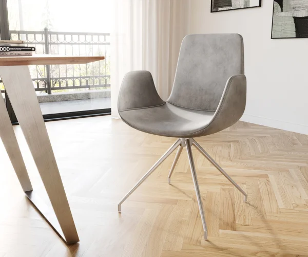 Chaise-pivotante Ilia-Flex avec accoudoirs velours gris cadre croisé conique acier inoxydable pivote sur 180°