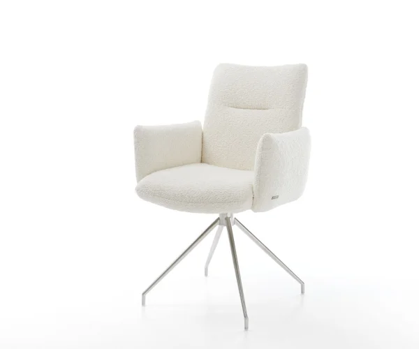 Chaise-pivotante Jova-Flex avec accoudoirs bouclé blanc pied croisé conique acier inoxydable ressorts ensachés pivote sur 180°