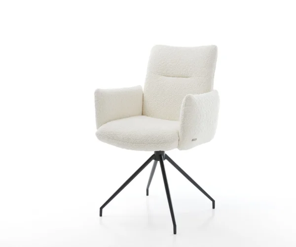 Chaise-pivotante Jova-Flex avec accoudoirs bouclé blanc pied croisé conique noir ressorts ensachés pivote sur 180°