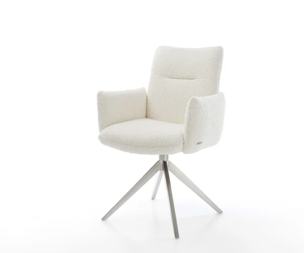 Chaise-pivotante Jova-Flex avec accoudoirs bouclé blanc pied croisé large acier inoxydable brossé pivotement sur 360° fonction bascule ressorts ensachés