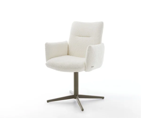 Chaise-pivotante Jova-Flex avec accoudoirs bouclé blanc pied de chaise 4 branches aspect titane pivotement sur 360° ressorts ensachés