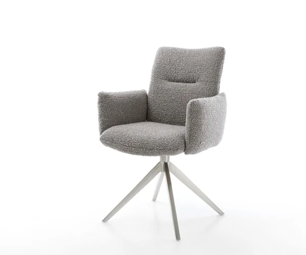 Chaise-pivotante Jova-Flex avec accoudoirs bouclé gris argenté pied croisé large acier inoxydable brossé pivotement sur 360° fonction bascule ressorts ensachés