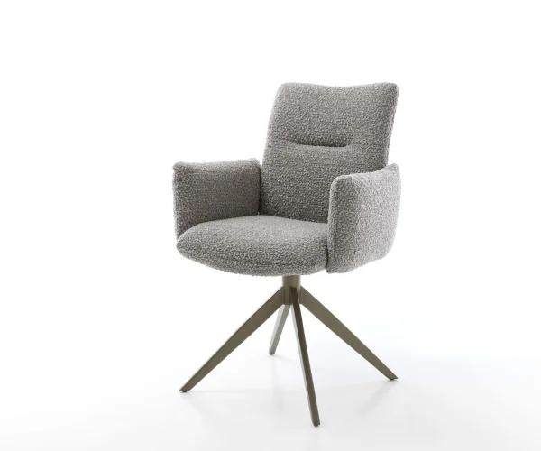 Chaise-pivotante Jova-Flex avec accoudoirs bouclé gris argenté pied croisé large aspect titane pivotement sur 360° fonction bascule ressorts ensachés