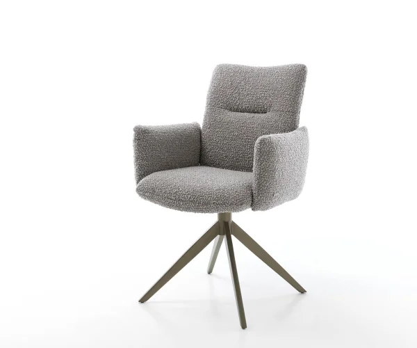 Chaise-pivotante Jova-Flex avec accoudoirs bouclé gris argenté pied croisé large aspect titane pivotement sur 360° ressorts ensachés