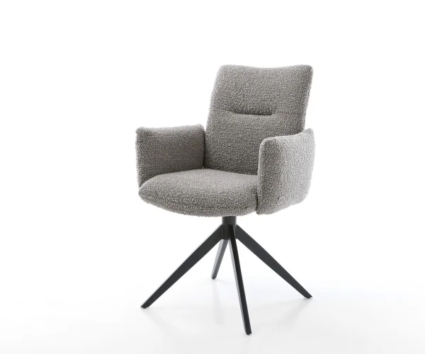 Chaise-pivotante Jova-Flex avec accoudoirs bouclé gris argenté pied croisé large noir pivotement sur 360° fonction bascule ressorts ensachés